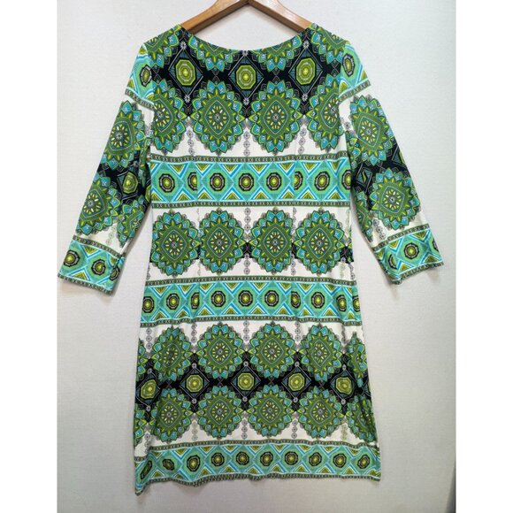 Maggy London Womens Geo Midi Shift Dress Size 12 Green Blue 3/4 Sleeve Work Boho - Picture 9 of 12